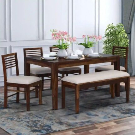 Furn Shine - Damien Solid Sheesham Wood 6-Seater Dining Table Set with Bench