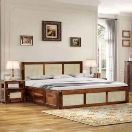 Furn Shine Sheerloft Solid Wood Cane Bed With Hydraulic Storage