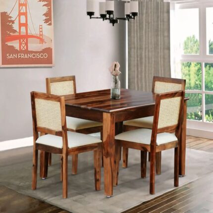 Furnshine - Aaralyn Solid Wood Cane 4 Seater Dining Table Set