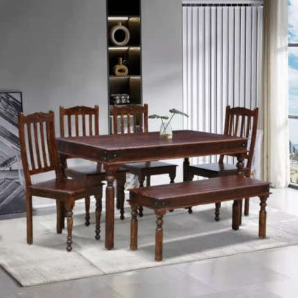 Furnshine - The Reagan 6-Seater Solid Wood  Dining Table with 4 Chairs & 1 Bench