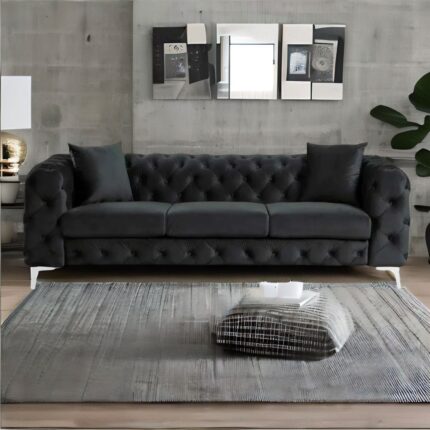 Furn Shine - Valens Chesterfield Classic Three Seater Black Sofa