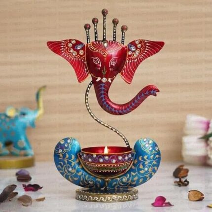 Furn Shine - Lord Ganesha Tea Light Candle Holder, Ganpati Deepak for Home Temple, Puja Room, Meditation & Spiritual Décor, Gift for Diwali, Home & Office Décor (Red & Blue)