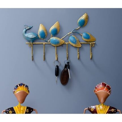 Furn Shine Antique Wall Hook | Peacock Design with 6 Hooks | Iron Key Holder | | Hand-Painted Home Decor | Entryway Key Organizer | Blue Finish