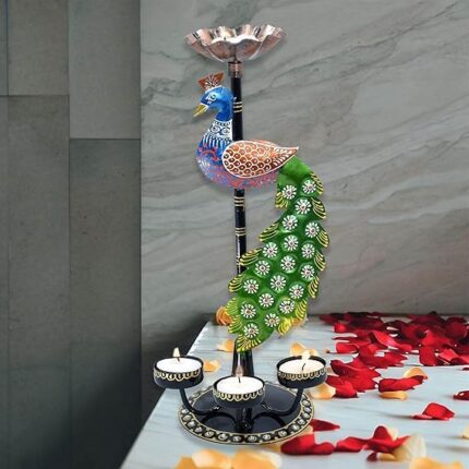 Furn Shine Peacock Tea Light Candle Holder Decorative Showpiece Metal Figurine with 4 Candle Holder Diya, Burner, Slots for Home