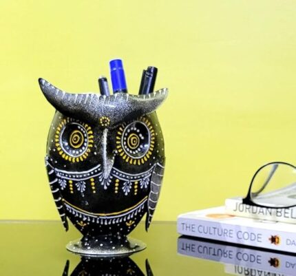 Furn Shine Handcrafted Decorative Iron Owl Pen Stand, Home Decor Gift Item, Holder for Office, Home, Unique Black Showpiece