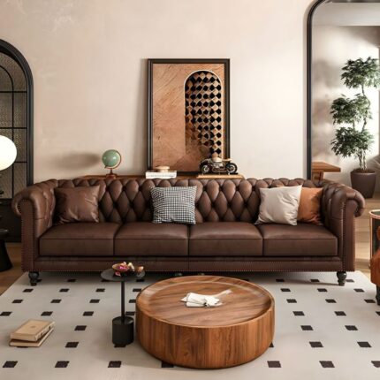 Furn Shine - Modern 3- Seater Leather Chesterfield Sofa in Brown Color with Scroll Arm
