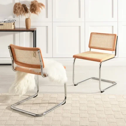 Furnshine - Oberon Cane Set of 2 Solid Beech Dining Chairs with Armrests, Natural Cane & Chrome