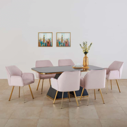 Furn Shine Weston Glass Top 6-Seater Dining Set with Pink Chairs
