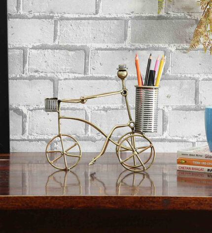 Furn Shine Iron Painted Men On Cycle Pen Stand/Pen Holder/Pencil Holder Finish (Metal, Gold)