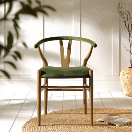 Furnshine - Marilyn Moss Green Velvet and Light Walnut Frame Wishbone Padded Dining Chair