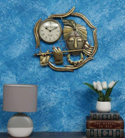 Furn Shine | Krishna Wall Clock – Golden Round Design for Elegant Home & Office Decoration