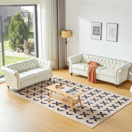 Furnshine Faux Leather Sofa Couch with Scroll Arms for Living Room