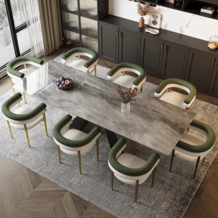 Furnshine Modern Dining Set With 110.2'' Extendable Sintered Stone Dining Table And Fabric Arm Chairs