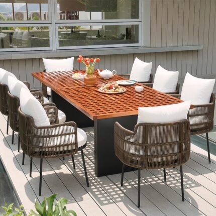 Furnshine 7-Pieces Teak Rectangle Hollow Bar Dining Table & Rope Chair Set