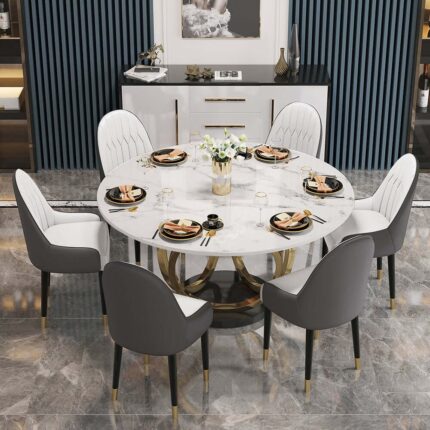 Furnshine Dining Room Sets 53" Sintered Stone Top Round Dining Table White&Gray 6 Chairs