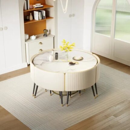 Furnshine Wooden Royal 6 Seater Dining Table Set In Marble Top