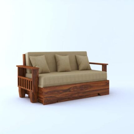 Furnshine Solid Sheesham Wood 3 Seater Sofa Cum Bed With Side Pockets