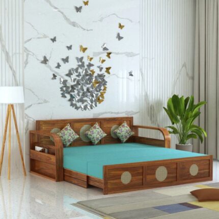 Furnshine - Barker Solid Sheesham Wood 3 Seater Sofa Cum Bed with Headboard Design