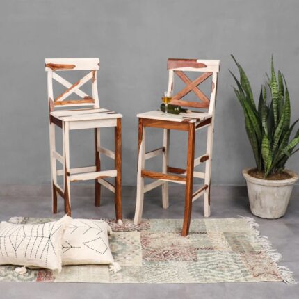 Furnshine - Lenora Solid Wood Set of 2 Bar Stool in White and Teak Finish