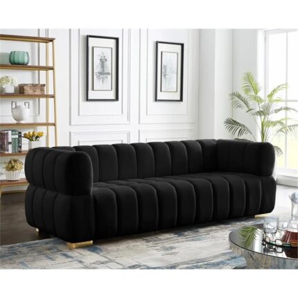 Furnshine Maklaine Deep Biscuit Tufted Black Velvet Sofa with Gold & Chrome Legs