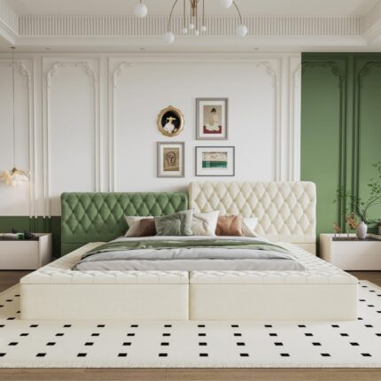 Furnshine Modern King Size Upholstered Floor Low Bed Frame with Wingback & Storage Platform Bed