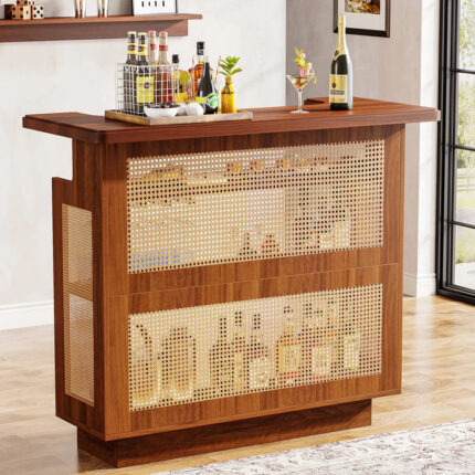 Furnshine- Rattan Home Bar Unit Farmhouse 4-Tier Bar Table with 4 Stemware Racks and Heightened Base