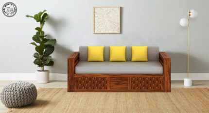 Furnshine - Riggan Solid Sheesham Wood 3 Seater Sofa Cum Bed with Mini Storage and Side Pockets