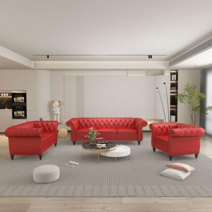 Furnshine Chesterfield Sofa Faux Leather Loveseat Couch Chair with Scroll Arms and Nailhead for Living Room Sofa Set