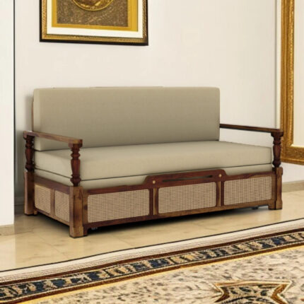 Furnshine - Brinley Sheesham Wood 3-Seater Sofa Cum Bed with Cane Weaving & Premium Upholstery