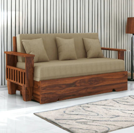 Furnshine - Howel Solid Sheesham Wood 3-Seater Pull Out Sofa Cum Bed with Side Pockets
