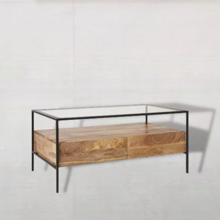 Furnshine - Zendaya Glass Top Coffee Table with Black Metal Frame & Solid Wood Storage Drawers - Image 1