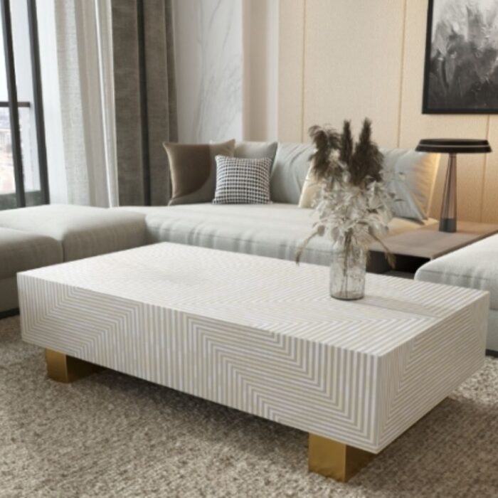 Furnshine - Blomingo Striped Bone Inlay Rectangular Coffee Table In Light Grey Color - Image 1