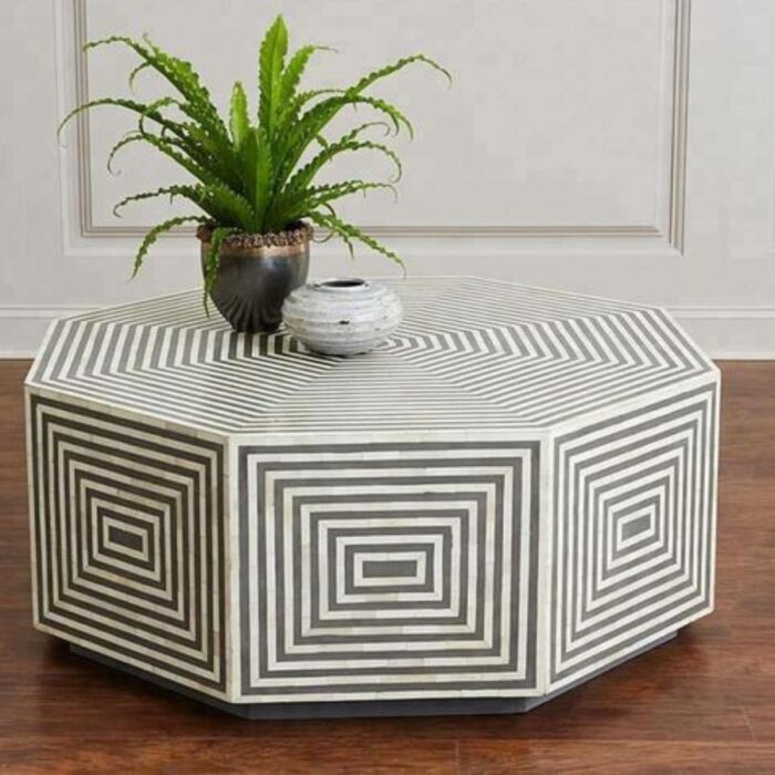 Furn Shine - Handcrafted Hexagon Bone Inlay Large Coffee Table In Grey Finish - Image 2