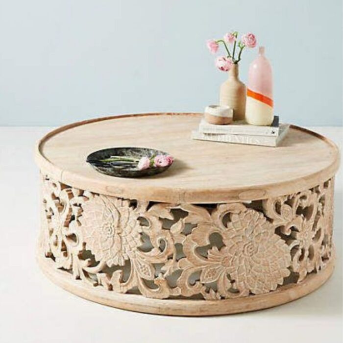 Furnshine - Konark Round Wooden Carved Floral Coffee Table - Image 2