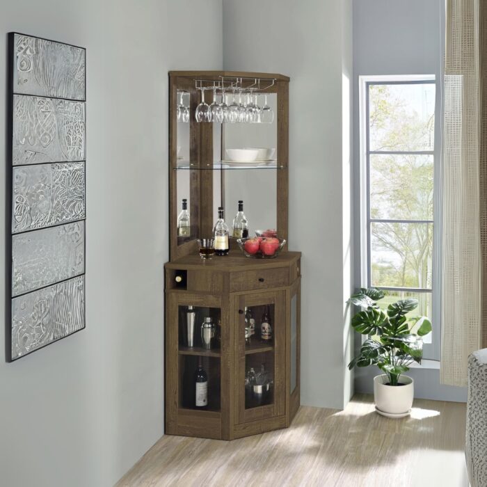 Furnshine - Rustic Oak Corner Bar Cabinet with Stemware Rack & Wine Storage - Image 1