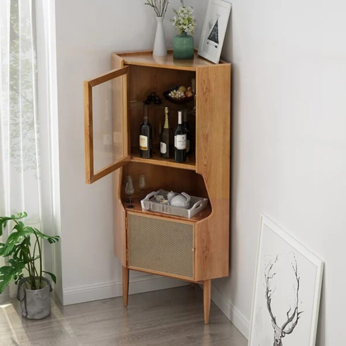 Furnshine - Nesbit Natural Corner 2-Door Bar Cabinet with Hutch & Shelf (Rattan Woven) - Image 2
