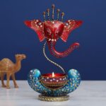 Furnshine - Braden Lord Ganesha Tea Light Candle Holder, Ganpati Deepak for Home Temple, Puja Room, Gift for Diwali Office Décor (Red & Sky Blue)