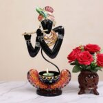 Furnshine - Bliss Krishna Tea Light Candle Holder – Handcrafted Black Metal Tealight Stand for Home Décor & Pooja Room