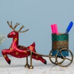 Furnshine - Arnold Handcrafted Metal Deer Cart Pen Holder – Festive Indian Folk Art Desk Organizer