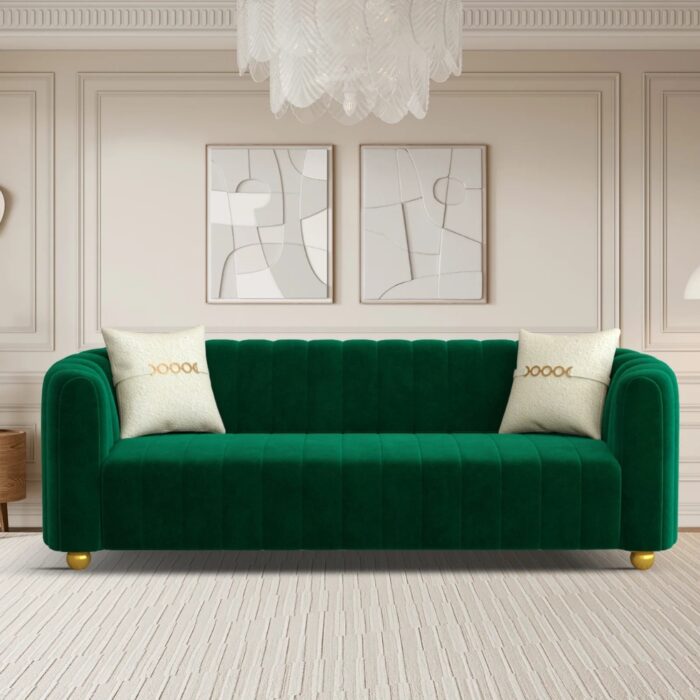 Furnshine - Patsy 83.46" Mid-Century 3-Seater Velvet Sofa with Gold Metal Sphere Legs - Image 1