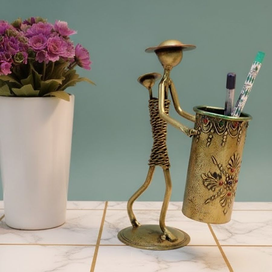 1 Furnshine - Hyde Iron Man Art Metal Pen Pencil Holder – Handcrafted Antique Gold Desk Organizer Tabletop Decor - Image 1