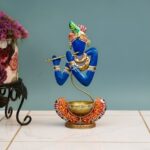 Furnshine - Aldrich Handcrafted Krishna Tealight Candle Holder – Blue Metal Flute Playing Figurine Artistic Festival Decor Showpiece