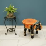 Furnshine - Morrison Handcrafted Wooden Elephant Table – Ethnic Painted Stool for Living Room Decor, Side Table & Festive Gift (Black & Orange)