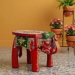 Furnshine - Aubrie Hand-Crafted Wooden Elephant Stool – Colorful Ethnic Table, Decorative Showpiece for Home & Living Room Decor (Red & Green)