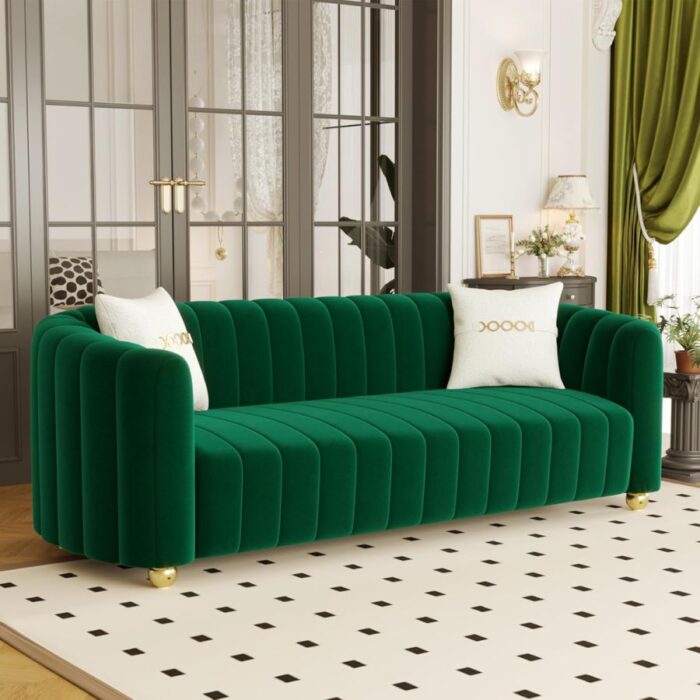 Furnshine - Patsy 83.46" Mid-Century 3-Seater Velvet Sofa with Gold Metal Sphere Legs - Image 20