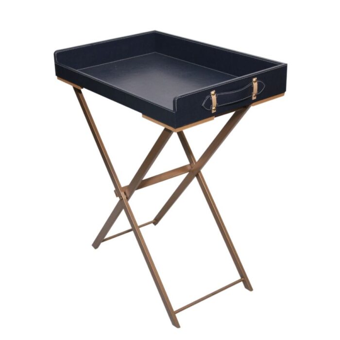 Furnshine - Keyon Ink Blue Foldable Leather Butler Tray Table with Metal Stand - Image 1