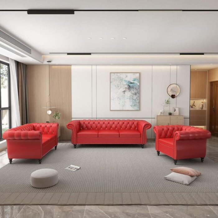 Furnshine - Vere 3 Pieces Faux Leather Chesterfield Sofa with Loveseat & Couch Chair - Image 35