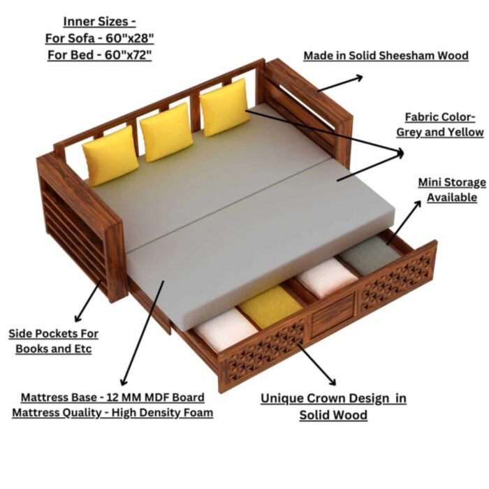 Furnshine - Riggan Solid Sheesham Wood 3 Seater Sofa Cum Bed with Mini Storage and Side Pockets - Image 10