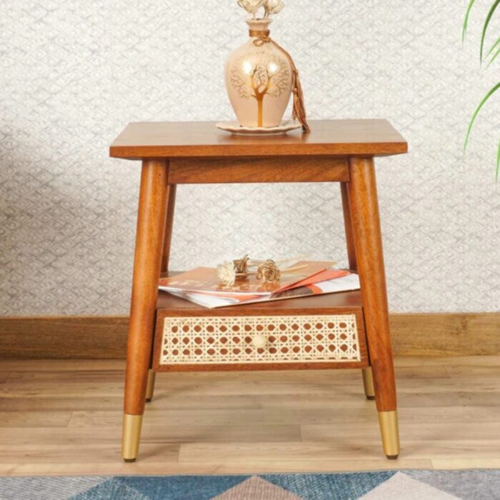 Furnshine - Farrar Solid Wood Rattan Side Table with 1 Drawer - Brown Finish - Image 1