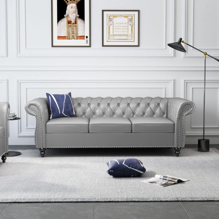 Furnshine - Vere 3 Pieces Faux Leather Chesterfield Sofa with Loveseat & Couch Chair - Image 22